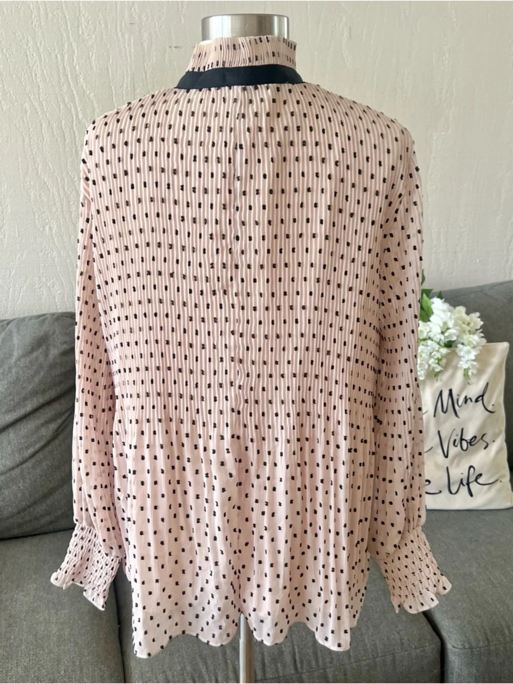 Max Studio Beige Swiss Dot Tie-Neck Blouse - Picture 7 of 13